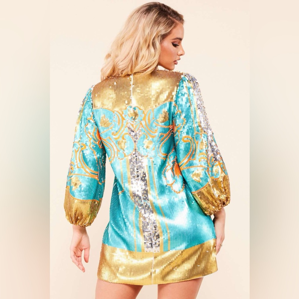 L'ATISTE by AMY Vibrant Sequin Dress in Blue and Gold Size L. - Picture 2 of 9